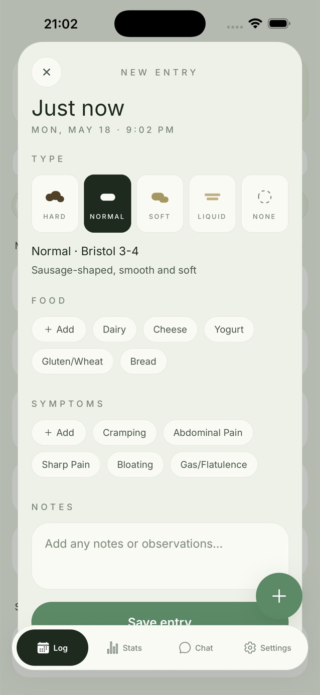 Doody new entry form for a digital bowel diary with Bristol type and symptom tags