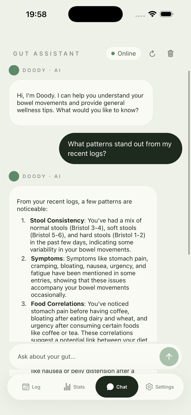 Doody Gut Assistant on a private on-device poop tracker